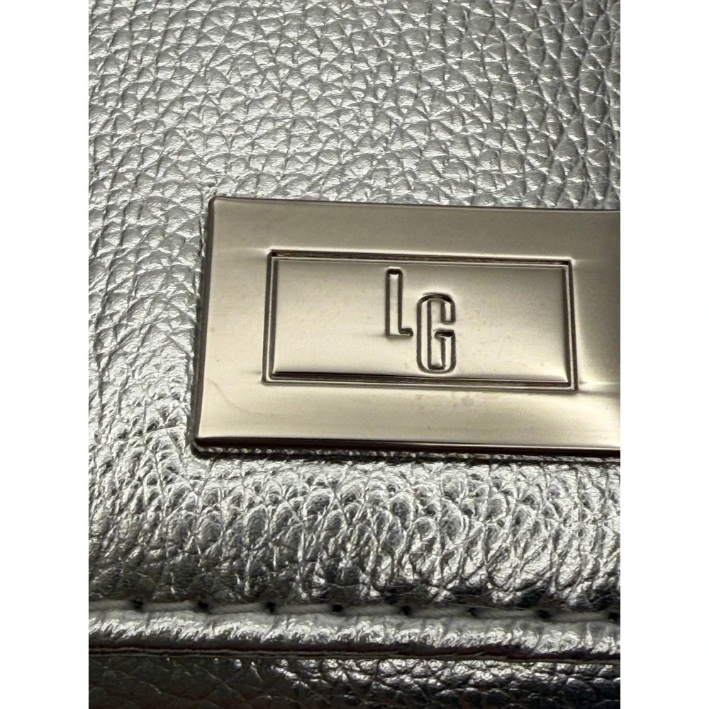 Lulu Guinness Silver Metallic Pebbled Leather Crossbody Bag LG Logo Top Handle